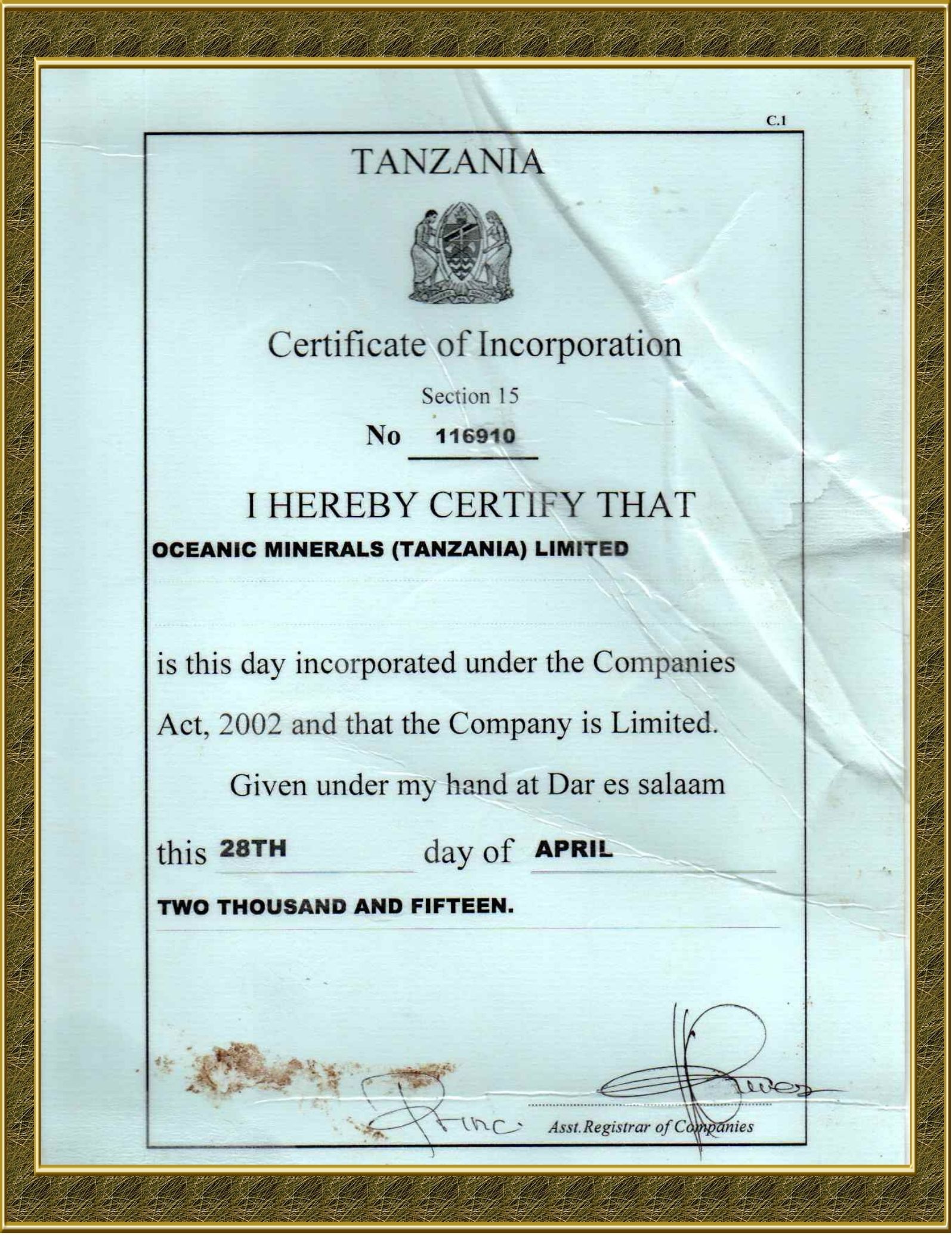 Certificate of Incorporation — Oceanic Minerals (Tanzania) Limited