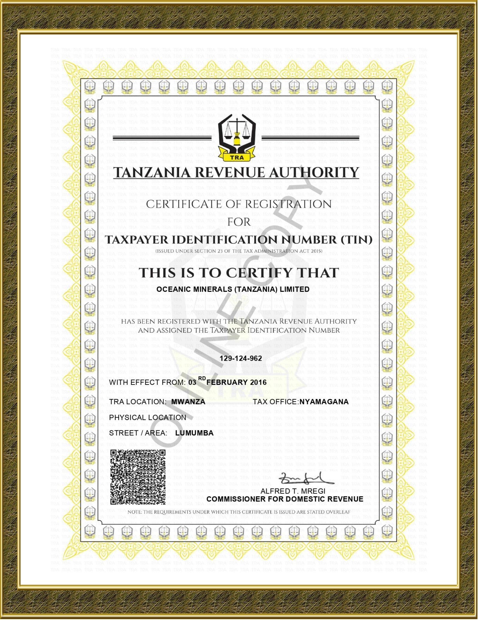 Taxpayer Identification Number (TIN) certificate — Oceanic Minerals (Tanzania) Limited